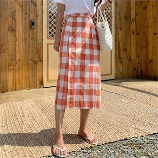 Linen Blend Gingham Midi Skirt