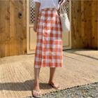 Linen Blend Gingham Midi Skirt