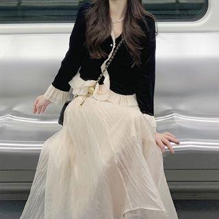 Long-sleeve Two-tone Velvet Blouse / Maxi A-line Skirt