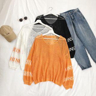 Lantern-sleeve Lettering Open-knit Sweater
