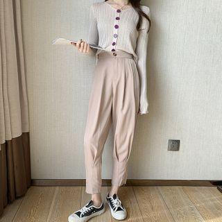 Set: Long-sleeve Button-up Knit Top + Pants