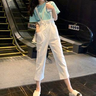 Set: Striped Short-sleeve T-shirt + Cropped Suspender Pants