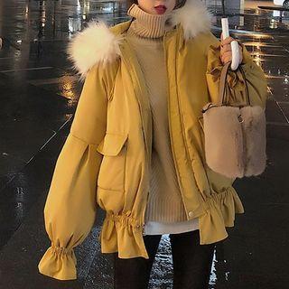 Furry Hood Shirred Padded Jacket