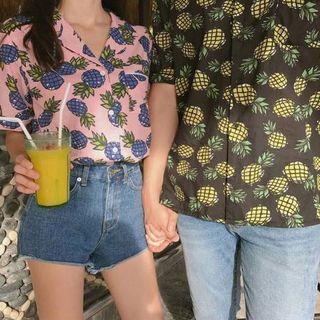 Notched-lapel Pineapple Print Shirt