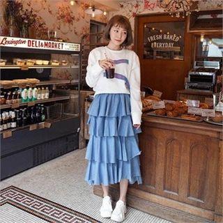 Ruffle-tiered Long Denim Skirt
