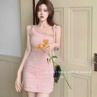 One-shoulder Tweed Mini Sheath Dress