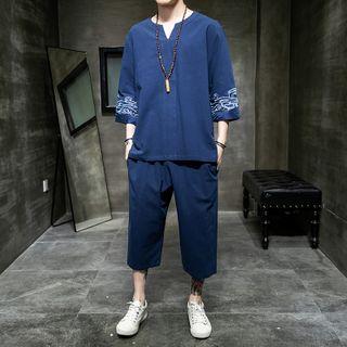 Set: Elbow-sleeve Embroidered Shirt + Capri Straight-cut Pants