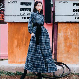 Long-sleeve Plaid Maxi A-line Shirtdress
