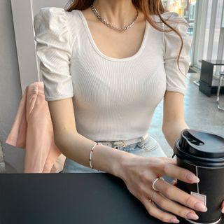 U-neck Puff-sleeve Crop Top