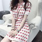 Set: Short-sleeve Heart Pattern Buttoned Knit Top + A-line Knit Skirt As Shown In Figure - One Size