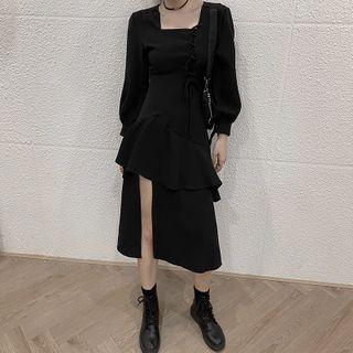 Square-neck Long-sleeve Slit Midi A-line Dress
