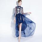 3/4-sleeve Embroidered Dip-back Prom Dress