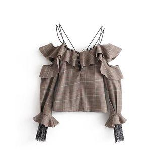 Long-sleeve Cutout Plaid Top