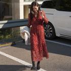 Long-sleeve Floral Print Chiffon Dress Red - One Size