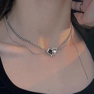 Heart Rhinestone Pendant Alloy Choker Black & Silver - One Size