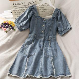 Elastic-waist Frayed Denim Mini Dress