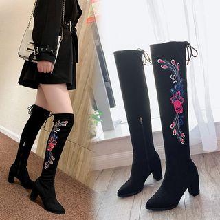 Block-heel Embroidered Over-the-knee Boots