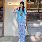 Plain Short-sleeve Top / Tie-dye Wide-leg Pants