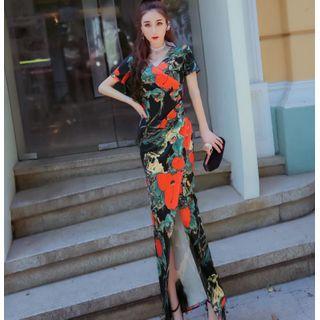 Floral Short-sleeve Maxi Sheath Dress