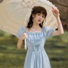 Puff-sleeve Frill Trim Bow-front Midi A-line Dress