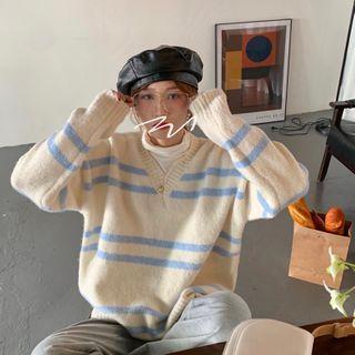 V-neck Long-sleeve Striped Knit Sweater Off-white - One Size