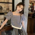 Puff-sleeve Square-neck Gingham Blouse Gingham - Black & White - One Size