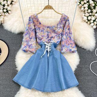Floral Accent Denim Panel Dress