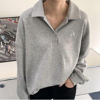Long-sleeve Polo-collar Embroidered Sweatshirt