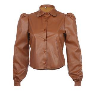 Faux-leather Puff-sleeve Shirt