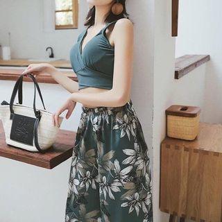 Set: Bow Back Tankini Top + Swim Shorts + Floral Pants