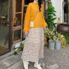 Set: Plain Loose-fit Knit Top + Mesh Long-sleeve Top + Floral Skirt