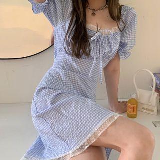 Puff-sleeve Square-neck Plaid Bow Dress