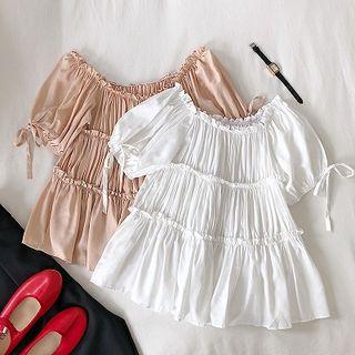 Plain Off-shoulder Lace-up Ruffled-trim Frilled Top