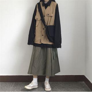 Plain Shirt / Button Vest / Midi A-line Skirt