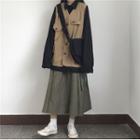 Plain Shirt / Button Vest / Midi A-line Skirt