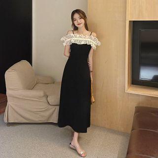 Ruffle Mesh Color Block Spaghetti-strap Dress