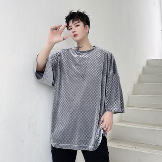 3/4-sleeve Checkered Velvet T-shirt