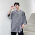 3/4-sleeve Checkered Velvet T-shirt