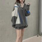 Set: V-neck Color Block Sweater + Pleated Mini Skirt