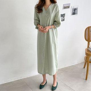 Elbow-sleeve Button-up Long Dress