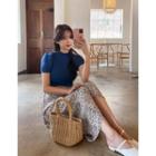 Set: Mockneck Knit Top + Long Floral Skirt Blue -