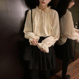 Frill-collar Plain Blouse Almond - One Size