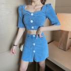 Set: Elbow-sleeve Denim Top + Mini Pencil Skort