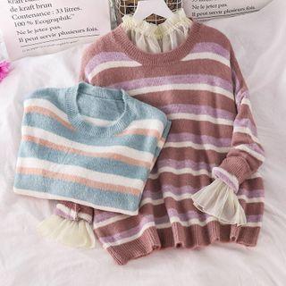 Striped Sweater / Frilled Long-sleeve Sheer Top