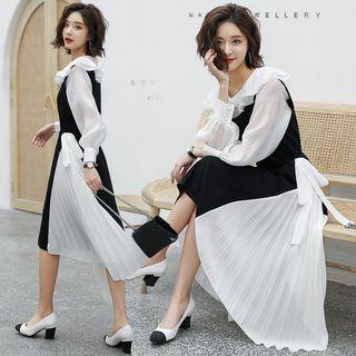 Set: Layered Collar Blouse + Color Block Sleeveless A-line Dress