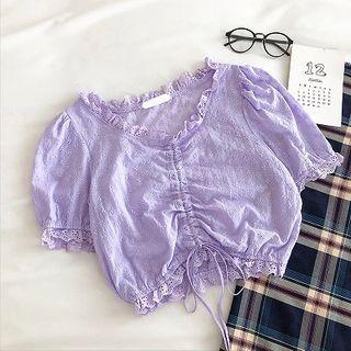 Plain V-neck Drawcord Short-sleeve Blouse