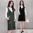 Scalloped Edge Long-sleeve Knit Top / Ruffle Hem Knit Pinafore Dress / Set: Scalloped Edge Long-sleeve Knit Top + Ruffle Hem Knit Pinafore Dress