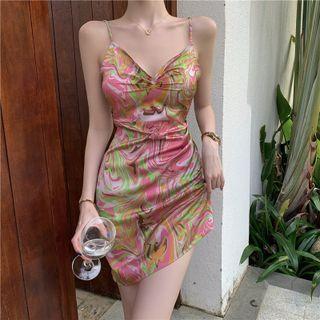 Spaghetti Strap Marble Print Mini Bodycon Dress