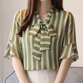 Frilled Elbow-sleeve Stripe Tie-neck Chiffon Blouse
