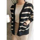 V-neck Stripe Wool Blend Cardigan Black - One Size